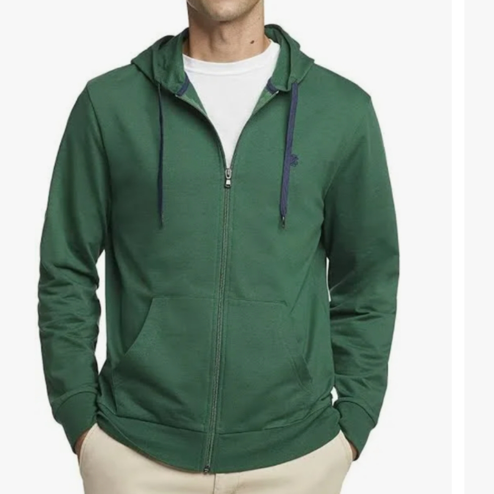 IZOD Mens Full Zip Hunter Green Hooded Jacket. Size Large